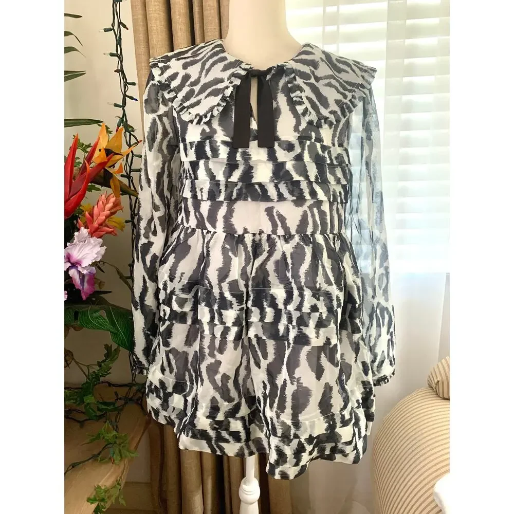 Anthropologie Maeve Long-Sleeve Collared Sheer Mini Dress in Black and White